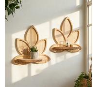 Étagère murale en bois naturel en forme de lotus - Étagère flottante bohème zen, design de feuille courbée, matériau en bois de pin, étagère de rangement murale minimaliste, convient pour le salon, la