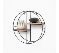 Etagère murale en métal noir - 2 planches en bois - Ronde - 37x10 cm