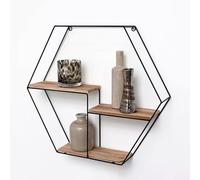 Etagère murale en métal noir - 3 planches en bois - Hexagonal - 48x55x10 cm