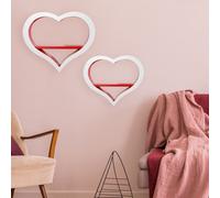2x étagère murale salon, 1 compartiment en forme de cœur, étagère décorative, rangement romantique, capacité de charge jusqu'à 5 kg, bois, blanc rouge, LxlxH 45x8,5x38 cm