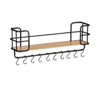 Etagère murale Loft avec tablette et 10 crochets - en Métal et Bambou - Noir et marron