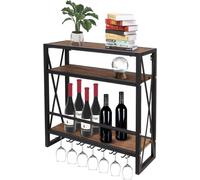 Étagère murale pour bouteilles de vin avec support pour 7 verres en acier - Étagère rustique en bois pour le stockage du vin, à plusieurs niveaux - Structure métallique de 50 cm pour bouteilles de vin