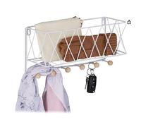Étagère murale Relaxdays avec porte-manteau, métal et bois, design quadrillé, 6 crochets, 17 x 36 x 13 cm, blanche