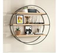 Étagère Murale Ronde Industrielle Vintage en Bois et Métal avec 3 Étagères