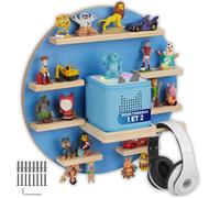 Etagère murale motif lune pour 28 figurines Tonies magnétique support écouteurs compatible Toniebox 1 et 2 MDF et pin Bleu 44,5 x 16,5 cm