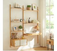 [en.casa] Étagère Murale Style Scandinave avec 5 Tablettes 2 Tiroirs Placard à 2 Portes Coulissantes Élements Réglables en Hauteur avec Trous Prépercés Bambou 176 x 147 x 34 cm Naturel