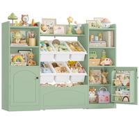 Étagère pour chambre d'enfant - Rangement pour jouets et bibliothèque - Bois, 15 compartiments, 8 bacs amovibles, 1 tiroir, 140,5 x 33 x 108,2 cm - Vert