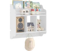 Étagère pour enfants avec 1 compartiment en haut, 3 étagères ouvertes et 4 crochets, de couleur blanche. Dimensions : 60 x 20 x 57 cm