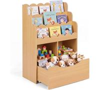 Étagère pour enfants avec 5 compartiments et un tiroir, montée sur roulettes (nature) | Bibliothèque pour enfants en bois, étagère de rangement pour jouets de type Montessori, solution de rangement po