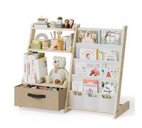 Étagère pour Enfants avec Organiseur de Jouets 2-en-1 - Bibliothèque en Bois et Tissu avec 4 Compartiments, Tiroir et Pochettes pour Crayons - Étagère Sécurisée pour Enfants, Hauteur 68 cm, pour Chamb