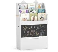 Étagère pour enfants avec tableau noir et tiroir sur roulettes | Étagère pour enfants en forme de chat, étagère à jouets avec 3 compartiments, un placard et 2 crochets, étagère à livres pour enfants d