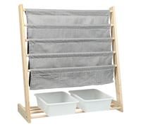 Étagère pour enfants - Bibliothèque - 4 étagères - 3 poches - 2 bacs de rangement - Structure en bois - À monter - Gris