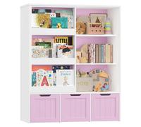 Étagère pour enfants - Bibliothèque et meuble à jouets avec porte coulissante - 3 tiroirs à roulettes - 10 compartiments - 120,5 x 100 x 37 cm - Bois - Rose