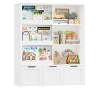 Étagère pour enfants - Bibliothèque et rangement pour jouets - Porte coulissante - 10 compartiments - 3 tiroirs à roulettes - Bois - 120,5 x 100 x 37 cm - Blanc