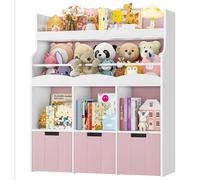 Étagère pour enfants - Bibliothèque sur roulettes - 4 compartiments - Pour jouets et livres - Structure en bois - Chambre d'enfant - Rose
