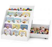 Étagère pour enfants COSTWAY à 4 niveaux, étagère pour enfants avec compartiment et tiroir sur roulettes, étagère à jouets Montessori, étagère de rangement en bois, blanche