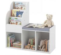 Étagère pour enfants COSTWAY avec banc, étagère pour enfants à 3 tablettes, 3 compartiments et un espace de rangement, étagère à livres pour enfants, étagère à jouets avec banc, blanche