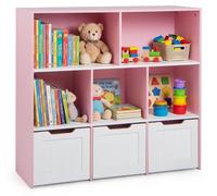 Étagère pour enfants COSTWAY, bibliothèque pour enfants avec bacs sur roulettes, 5 étagères et 3 tiroirs, armoire en bois pour enfants, rangement pour jouets, 100 x 33 x 90 cm (rose)