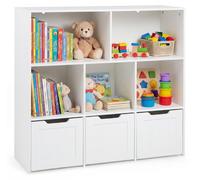 Étagère pour enfants COSTWAY, bibliothèque pour enfants avec bacs sur roulettes, 5 étagères et 3 tiroirs, armoire à jouets en bois, rangement pour jouets, 100 x 33 x 90 cm (blanc)