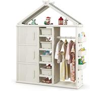 Étagère pour enfants en forme de maison, avec barre de suspension, étagère à livres pour enfants, étagère à jouets avec des étagères, des paniers latéraux et 4 boîtes de rangement. Organisateur de jou