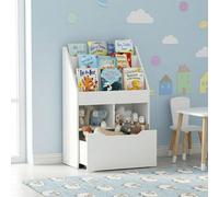 Étagère pour enfants en MDF, bibliothèque pour enfants avec tiroir sur roulettes, blanche | Système de sécurité anti-basculement | 3 étagères + 2 compartiments | 60 x 29,9 x 90 cm