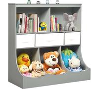 Étagère pour enfants - Étagère à jouets et bibliothèque pour enfants - 5 compartiments - 3 tiroirs - 93 × 40 × 94 cm - Gris