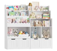 Étagère pour enfants - Rangement de jouets - Étagère en bois à 3 niveaux - 6 compartiments ouverts - 4 tiroirs sur roulettes - 115,2 x 40 x 120 cm - Blanc