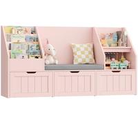 Étagère pour enfants - Rangement pour jouets et bibliothèque - Meuble en bois avec banc - 4 niveaux - Meuble de chambre d'enfant - 140 x 80 x 39,5 cm - Rose