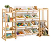 Étagère pour enfants Relaxdays, 12 bacs, 4 étagères, étagère pour peluches, H x l x P 80 x 150 x 30 cm, étagère à jouets pour enfants, bois naturel
