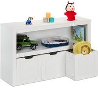 Étagère pour enfants Relaxdays, 3 bacs à roulettes, H x l x P : 60 x 102 x 30 cm, armoire à jouets pour chambre d'enfant, commode pour enfants, blanche