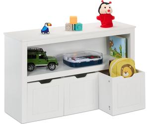 Étagère pour enfants Relaxdays, 3 bacs à roulettes, H x l x P : 60 x 102 x 30 cm, armoire à jouets pour chambre d'enfant, commode pour enfants, blanche