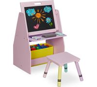 Étagère pour enfants Relaxdays avec tableau, étagère à jouets à 2 compartiments et coffre en tissu, dimensions : 84 x 52 x 45 cm, tableau de jeu avec tabouret, rose
