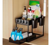 Étagère pour faux-plancher, 2 niveaux, organiseur de douche avec rabat coulissant, étagère de fond de douche, organiseur de sous-plancher avec 4 crochets et 2 gobelets, organiseur de douche pour salle