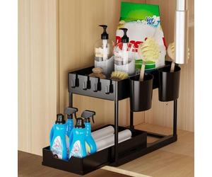 Étagère pour faux-plancher, 2 niveaux, organiseur de douche avec rabat coulissant, étagère de fond de douche, organiseur de sous-plancher avec 4 crochets et 2 gobelets, organiseur de douche pour salle