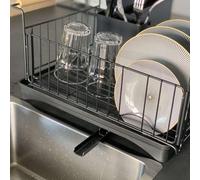Étagère pour la vaisselle en noir en acier inoxydable - 50 x 29 x 23,5 cm - Avec égouttoir et poignées en bois, égouttoir pliable avec égouttoir