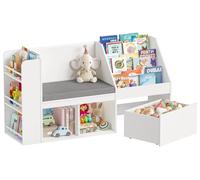 Étagère pour livres pour enfants - Étagère à jouets avec banc intégré - Panneau en bois - Boîtes de rangement sur roulettes - Pour chambre d'enfant - Blanc