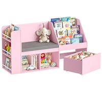 Étagère pour livres pour enfants, étagère à jouets - Étagère en bois avec banc intégré - Boîtes de rangement sur roulettes - Panneau en bois - Pour chambre d'enfant - Rose