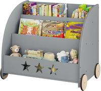 Étagère pour livres pour enfants, sur roulettes | Blanc et gris | 62x42x57 cm