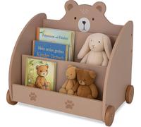 Étagère Relaxdays pour enfants, motif ours, dimensions : 58 x 60 x 40 cm, avec roulettes, coins arrondis, étagère à jouets, MDF, marron