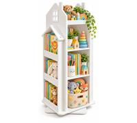 Relaxdays Bibliothèque pivotante 360°, maison, 109,5 x 40 x 40 cm, blanc | MDF laqué, bibliothèque pivotante, 3 compartiments ouverts, accès de tous les côtés, rangement pour livres et jouets