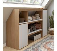 IDMarket - Ensemble étagère 2 Niveaux, Armoire 1 Porte et Armoire 1 Porte + 1 Niche sous Pente TOMI hêtre et Blanc