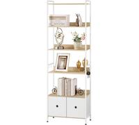 Étagère Standregal, bibliothèque avec 5 étagères et 2 tiroirs, étagère d'angle pour salon, cuisine, bureau ou chambre, avec structure métallique, dimensions 63x187x30 cm, finition chêne clair et blanc