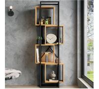 Étagère sur pied bibliothèque ouverte 4 niches design empilé métal noir et MDF aspect bois 59 x 30 x 180 cm Grjofek