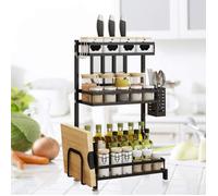 Étagères à épices - Rangement Bouteille Cuisine - Support Stockage Organisateur - Noir - Inox - 34 x 21 x 61 cm