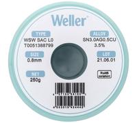 Weller WSW SAC L0 (T0051388799) Fil De Soudage Sans Plomb, Ø 0,8mm, Alliage Sn96.5Ag3.0Cu0.5, Teneur De L'écoulement 3,5% 250g