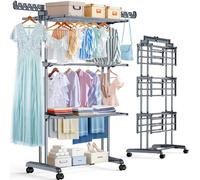 Étendoir à linge - 4 niveaux - Inox - Pliable - Gris/noir - Pour balcon et jardin