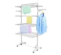 Etendoir à Linge Etendage à Linge 4 étagères Blanc avec ailes et barre supérieure Matériau: Tubes en acier inoxydable