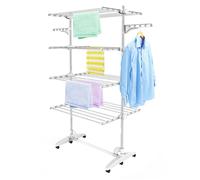 Etendoir à Linge, Etendage à Linge, 4 étagères, Blanc, avec ailes, Matériau: Tubes en acier inoxydable