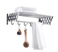 Étendoir à Linge Mural à Rangement Facile pour la Maison, Cintre à Linge Pliable et rétractable, avec Barre à Serviettes, Sèche-Linge Peu Encombrant (Argent Extensible 48) (Argent Fixe 70 cm) Present