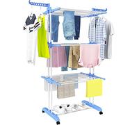 Etendoir Linge Interieur Exterieur, 4 Niveaux Pliable Sechoir a Linge, Bleu | Acier Inoxydable Grande Seche Linge Etendoir avec Roues